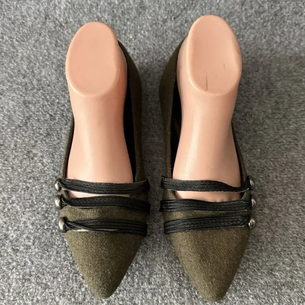 Rampage Olive Green Pointed Toe Wool Ballet Flats Strappy Toe Details Size 8 M